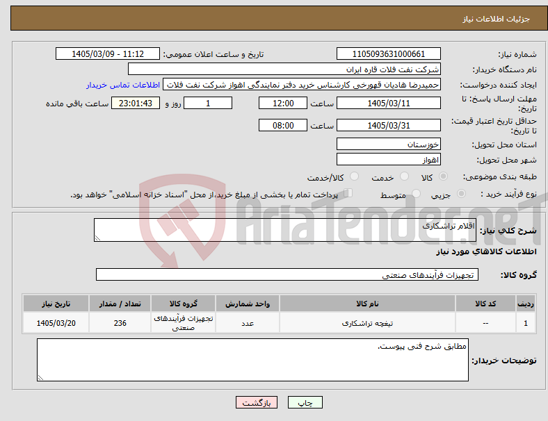 تصویر کوچک آگهی نیاز کالا-اقلام تراشکاری