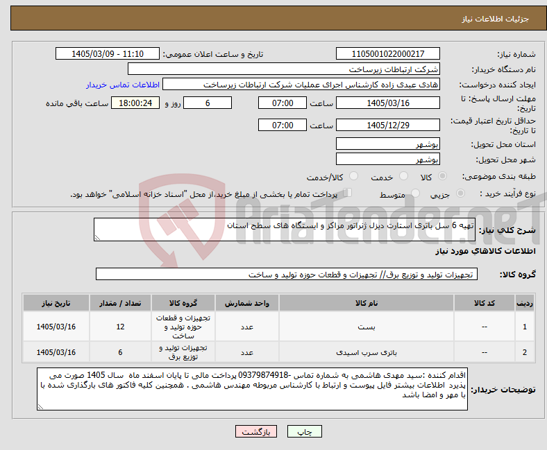 تصویر کوچک آگهی نیاز کالا-تهیه 6 سل باتری استارت دیزل ژنراتور مراکز و ایستگاه های سطح استان