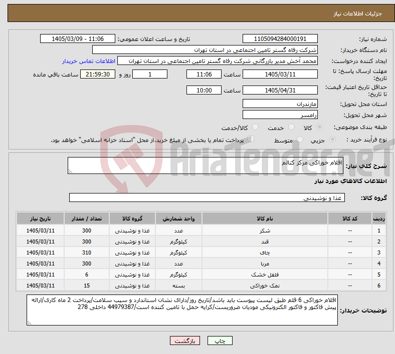 تصویر کوچک آگهی نیاز کالا-اقلام خوراکی مرکز کتالم
