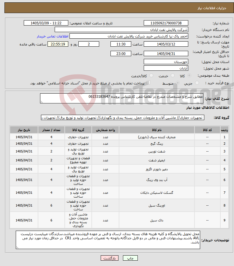 تصویر کوچک آگهی نیاز کالا-مطابق شرح و مشخصات مندرج در تقاضا-تلفن کارشناس پرونده 06153183647