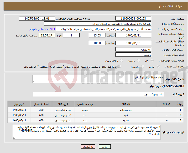 تصویر کوچک آگهی نیاز کالا-مواد خوراکی مرکز کتالم