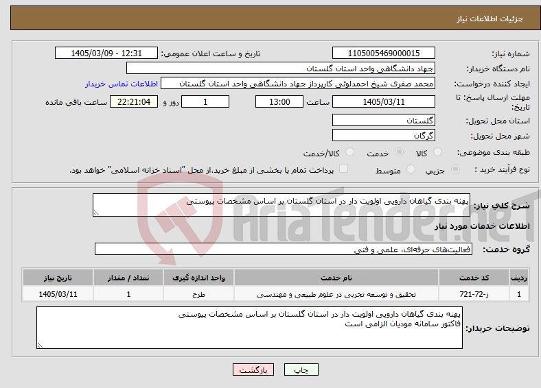 تصویر کوچک آگهی نیاز خدمات-پهنه بندی گیاهان دارویی اولویت دار در استان گلستان بر اساس مشخصات پیوستی