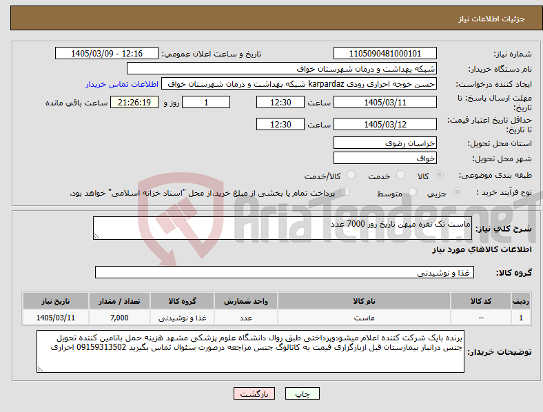 تصویر کوچک آگهی نیاز کالا-ماست تک نفره میهن تاریخ روز 7000 عدد 