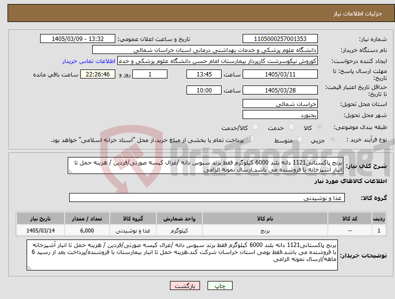 تصویر کوچک آگهی نیاز کالا-برنج پاکستانی1121 دانه بلند 6000 کیلوگرم فقط برند سبوس دانه /غزال کیسه صورتی/فردین / هزینه حمل تا انبار آشپزخانه با فروشنده می باشد.ارسال نمونه الزامی