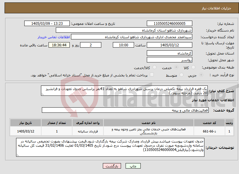 تصویر کوچک آگهی نیاز خدمات-یک فقره قرارداد بیمه تکمیلی درمان پرسنل شهرادری شاهو به تعداد 41نفر براساس جدول تعهدات و فرانشیز 20 درصد. (مرحله سوم ،)