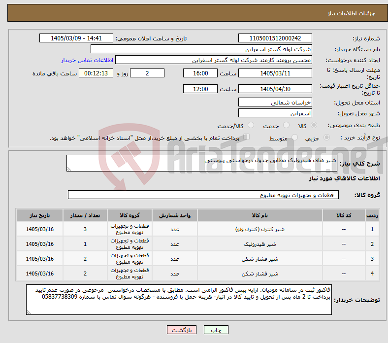 تصویر کوچک آگهی نیاز کالا-شیر های هیدرولیک مطابق جدول درخواستی پیوستی