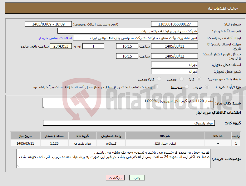 تصویر کوچک آگهی نیاز کالا-مقدار 1120 کیلو گرم الکل ایزوپروپیل LG99% 