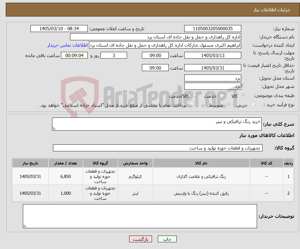 تصویر کوچک آگهی نیاز کالا-خرید رنگ ترافیکی و تینر