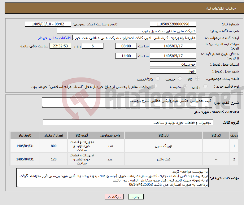 تصویر کوچک آگهی نیاز کالا-کیت تعمیراتی چکش هیدرولیکی مطابق شرح پیوست