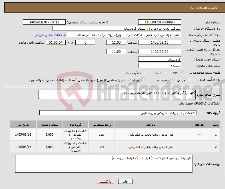 تصویر کوچک آگهی نیاز کالا-کاور برقگیر و کاور قطع کننده ( طبق الزامات پیوست