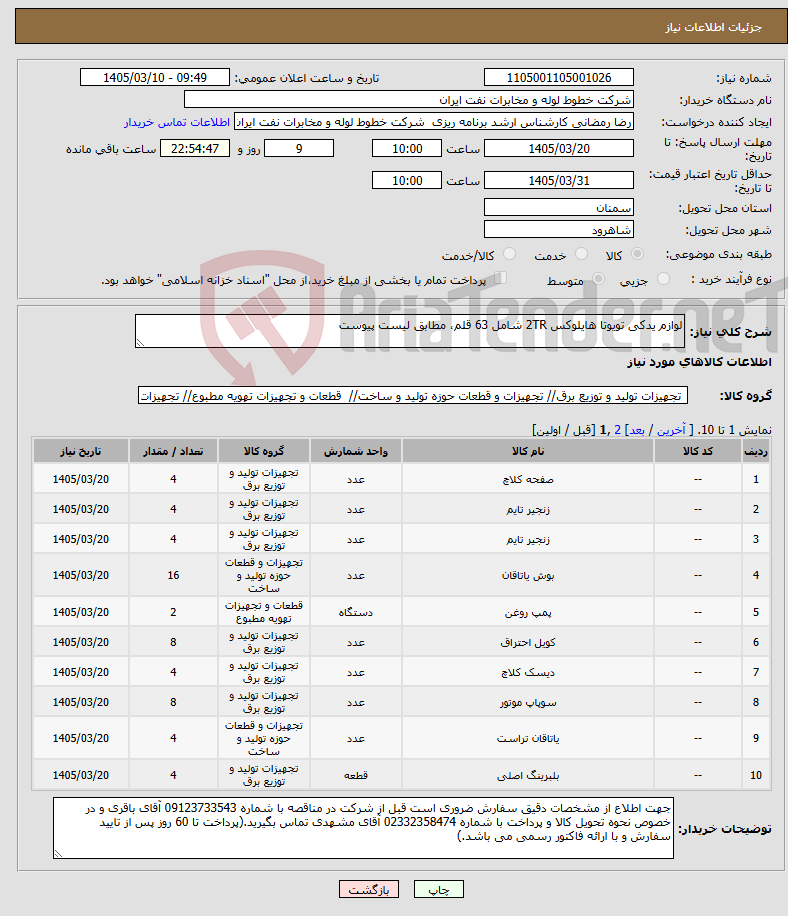تصویر کوچک آگهی نیاز کالا-لوازم یدکی تویوتا هایلوکس 2TR شامل 63 قلم، مطابق لیست پیوست