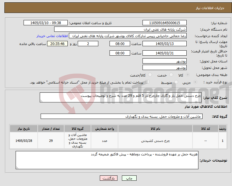 تصویر کوچک آگهی نیاز کالا-چرخ دستی حمل بار و گاری چارچرخ در 5 قلم و 29 عدد به شرح و توضیحات پیوست