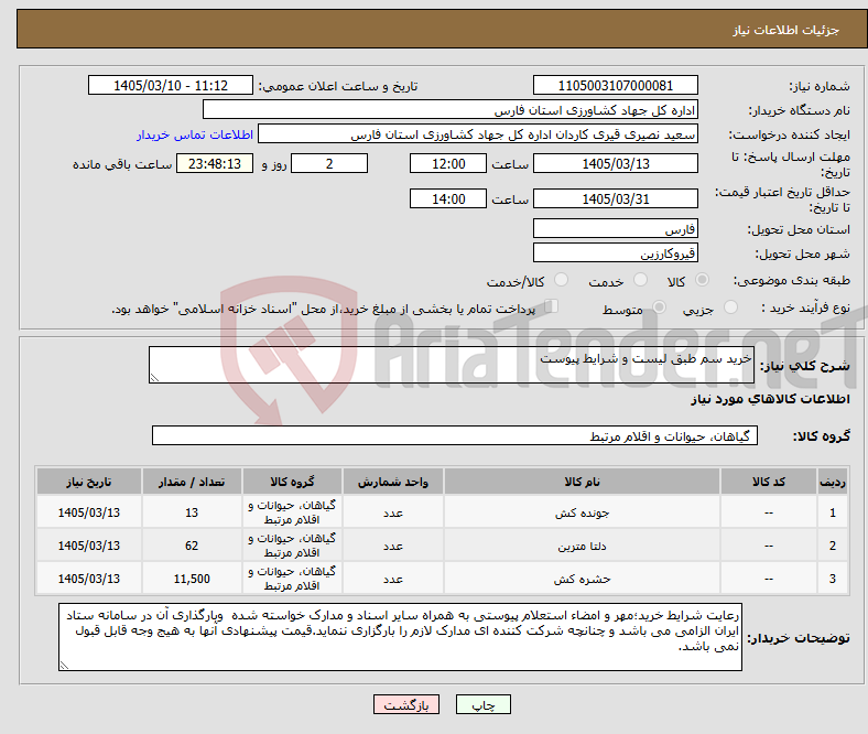 تصویر کوچک آگهی نیاز کالا-خرید سم طبق لیست و شرایط پیوست