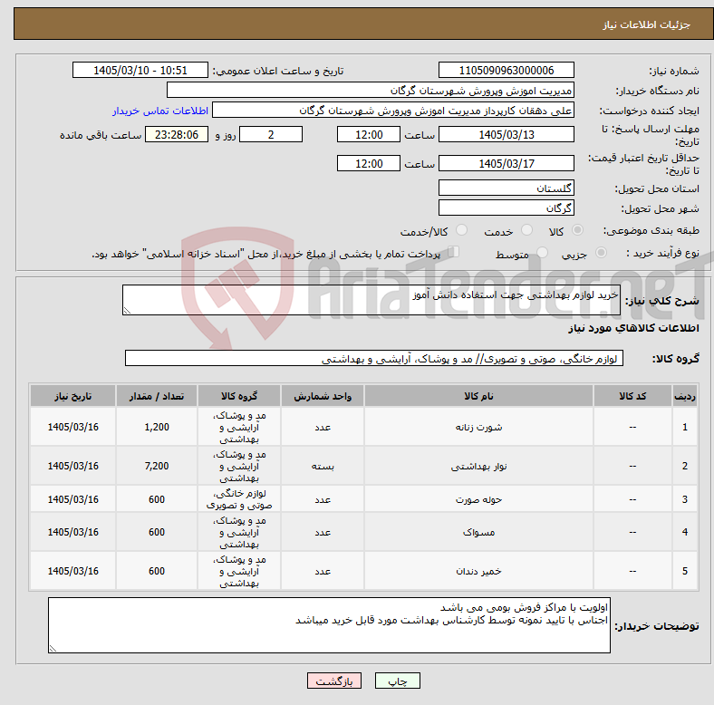تصویر کوچک آگهی نیاز کالا-خرید لوازم بهداشتی جهت استفاده دانش آموز 
