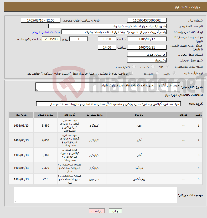 تصویر کوچک آگهی نیاز کالا-خرید آهن آلات و .....جهت احداث واحدهای تجاری پارک بانوان 