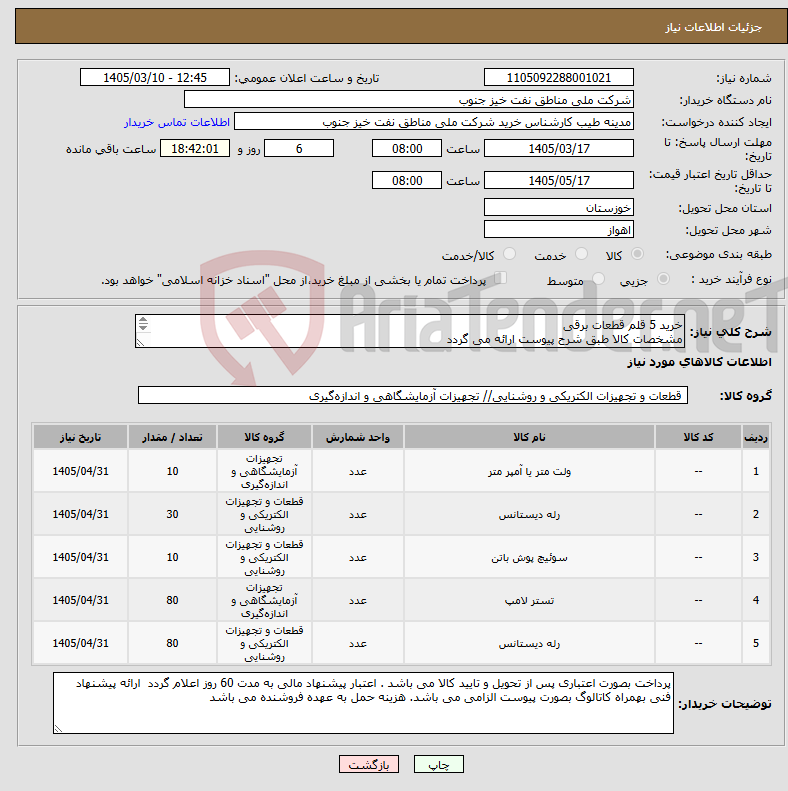 تصویر کوچک آگهی نیاز کالا-خرید 5 قلم قطعات برقی مشخصات کالا طبق شرح پیوست ارائه می گردد 