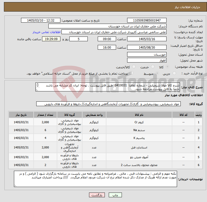 تصویر کوچک آگهی نیاز کالا-شرح کالا مواد شیمیایی - شماره تقاضا 0410031 طبق فایل پیوست . توجه: ایران کد مشابه می باشد حتما به فایل پیوست مراجعه شود. 