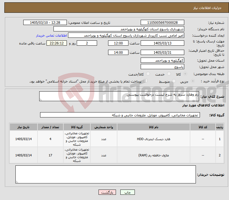 تصویر کوچک آگهی نیاز کالا-رم وهارد سرور به شرح لیست درخواست پیوستی