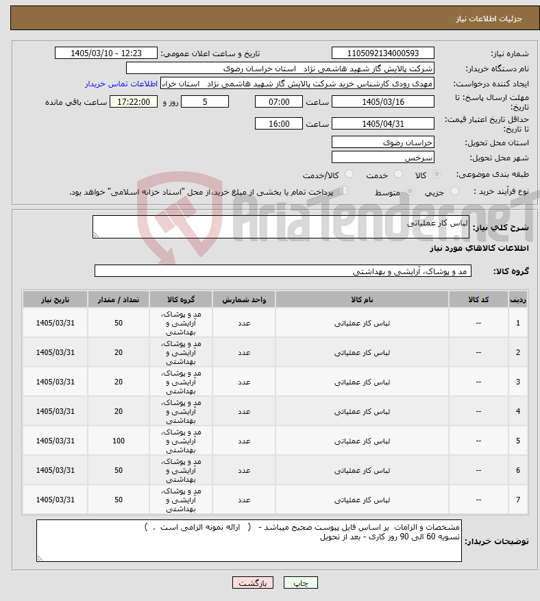 تصویر کوچک آگهی نیاز کالا-لباس کار عملیاتی