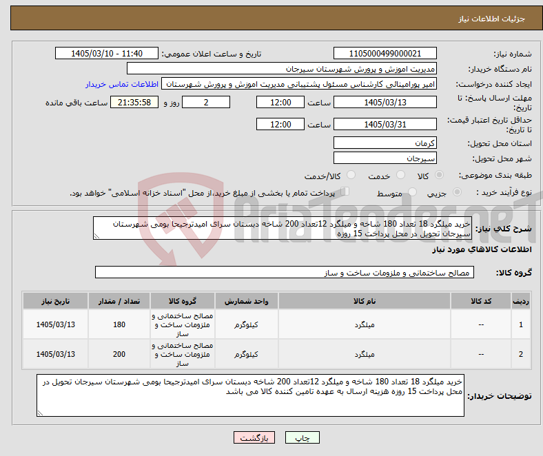 تصویر کوچک آگهی نیاز کالا-خرید میلگرد 18 تعداد 180 شاخه و میلگرد 12تعداد 200 شاخه دبستان سرای امیدترجیحا بومی شهرستان سیرجان تحویل در محل پرداخت 15 روزه
