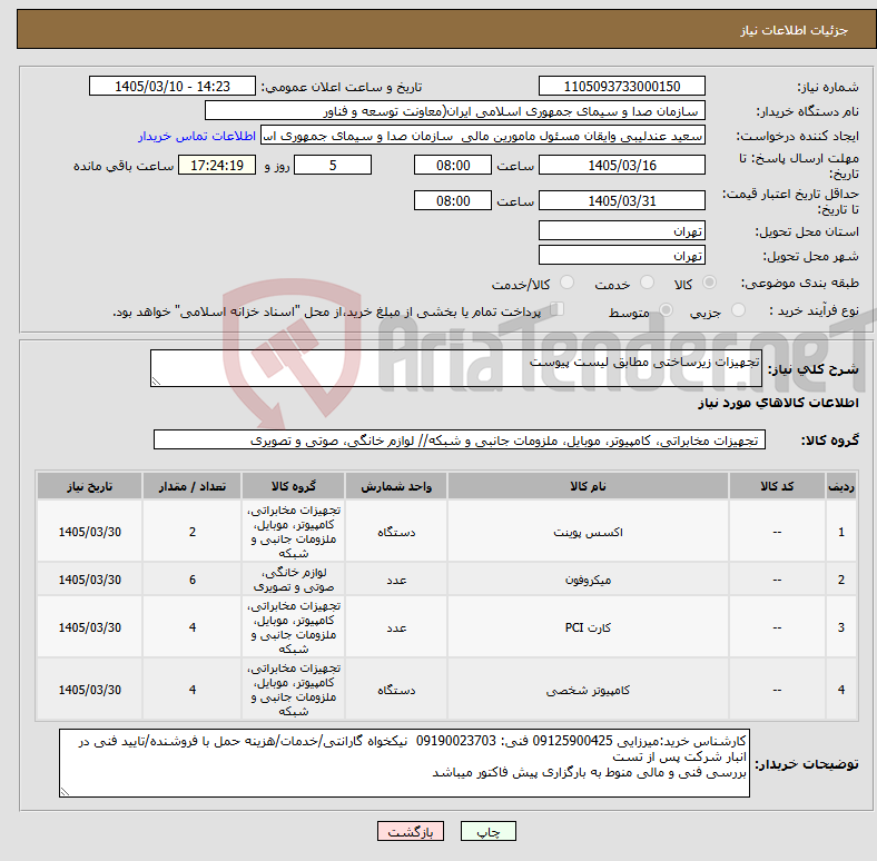 تصویر کوچک آگهی نیاز کالا-تجهیزات زیرساختی مطابق لیست پیوست 