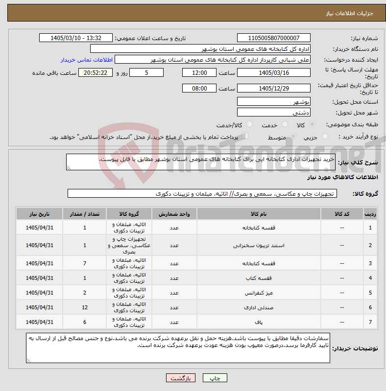 تصویر کوچک آگهی نیاز کالا-خرید تجهیزات اداری کتابخانه ایی برای کتابخانه های عمومی استان بوشهر مطابق با فایل پیوست.