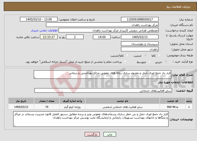 تصویر کوچک آگهی نیاز خدمات-قرار داد جمع اوری حمل و معدوم سازی زباله های عفونی مراکز بهداشتی و درمانی