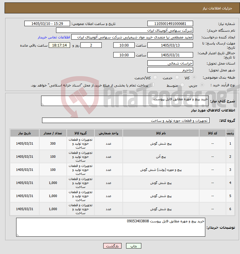 تصویر کوچک آگهی نیاز کالا-خرید پیچ و مهره مطابق فایل پیوست 