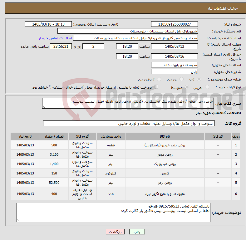 تصویر کوچک آگهی نیاز کالا-خرید روغن موتور /روغن هیدورلیک /واسکازین /گریس /روغن ترمز /ادبلو /طبق لیست پیوستی