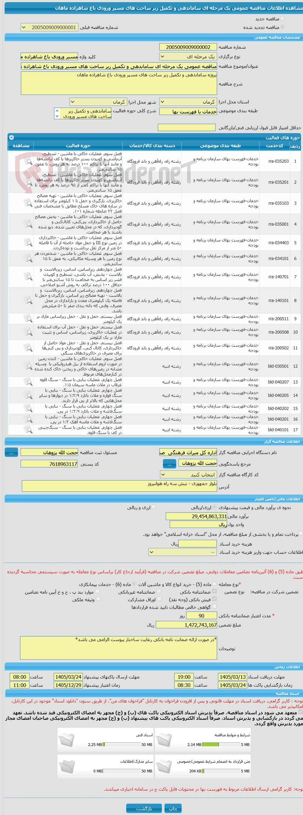 تصویر کوچک آگهی مناقصه عمومی یک مرحله ای ساماندهی و تکمیل زیر ساخت های مسیر ورودی باغ شاهزاده ماهان