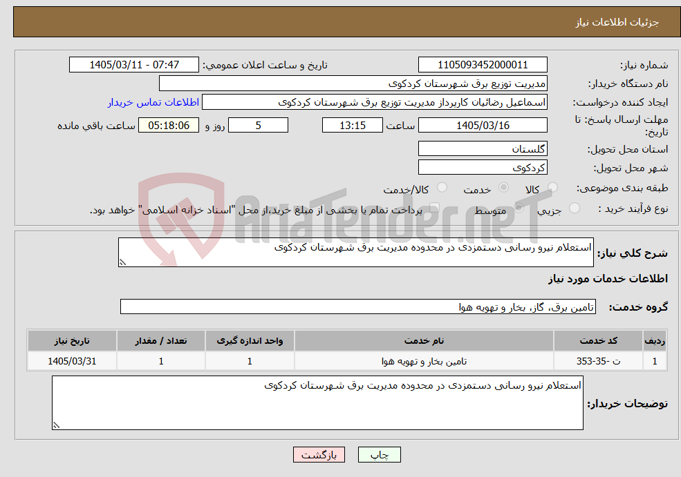 تصویر کوچک آگهی نیاز خدمات-استعلام نیرو رسانی دستمزدی در محدوده مدیریت برق شهرستان کردکوی