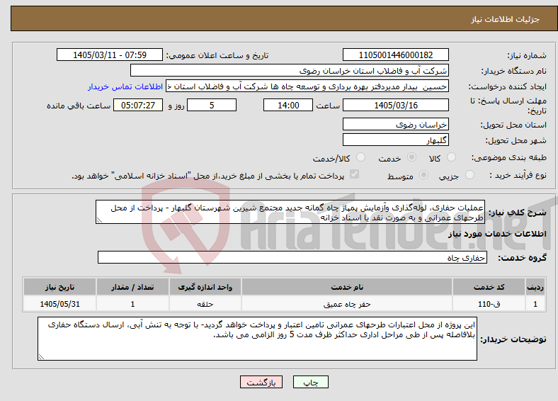 تصویر کوچک آگهی نیاز خدمات-عملیات حفاری، لولهگذاری وآزمایش پمپاژ چاه گمانه جدید مجتمع شیرین شهرستان گلبهار - پرداخت از محل طرحهای عمرانی و به صورت نقد یا اسناد خزانه