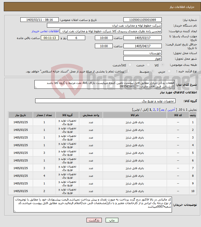 تصویر کوچک آگهی نیاز کالا-قطعات یدکی شارژر مطابق فایل پیوست تامین کننده میبایست دارای AVL نفت مرتبط با گروه کالا باشد کارشناس فنی آقای جابری :09358580127