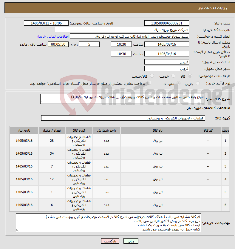 تصویر کوچک آگهی نیاز کالا-انواع پایه بتنی مطابق مشخصات و شرح کالای پیوست(زمین های عزیزی شهرداری اقبالیه)