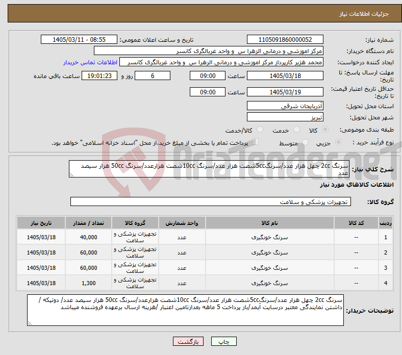 تصویر کوچک آگهی نیاز کالا-سرنگ 2cc چهل هزار عدد/سرنگ5ccشصت هزار عدد/سرنگ 10ccشصت هزارعدد/سرنگ 50cc هزار سیصد عدد