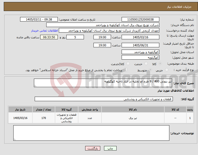 تصویر کوچک آگهی نیاز کالا-تیر بتونی 400 / 9 طرح اچ تخلیه در انبار ناحیه کهگیلویه