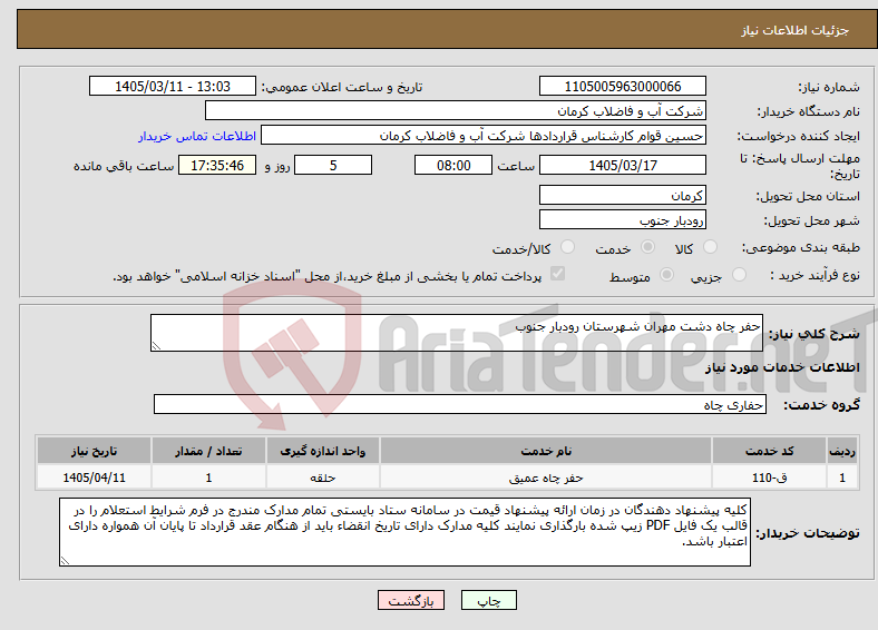 تصویر کوچک آگهی نیاز خدمات-حفر چاه دشت مهران شهرستان رودبار جنوب