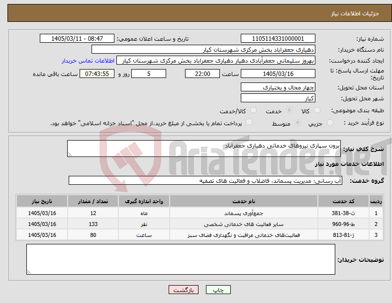 تصویر کوچک آگهی نیاز خدمات-برون سپاری نیروهای خدماتی دهیاری جعفراباد