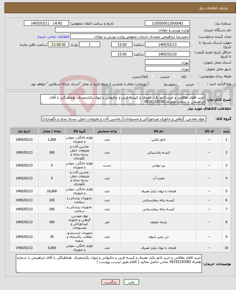 تصویر کوچک آگهی نیاز کالا-خرید اقلام نظافتی و خرید لانچ یکبار مصرف و کیسه فریزر و جالیوانی و لیوان یکبارمصرف هماهنگی با آقای ابراهیمی با شماره همراه 09192330382