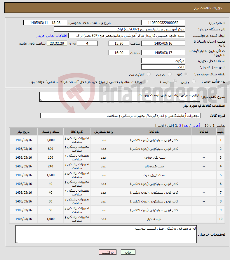 تصویر کوچک آگهی نیاز کالا-لوازم مصرفی پزشکی طبق لیست پیوست 