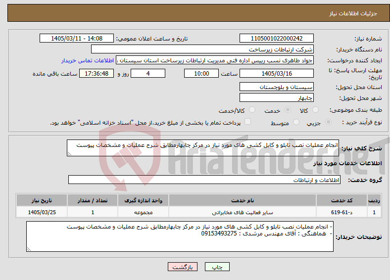 تصویر کوچک آگهی نیاز خدمات-انجام عملیات نصب تابلو و کابل کشی های مورد نیاز در مرکز چابهارمطابق شرح عملیات و مشخصات پیوست
