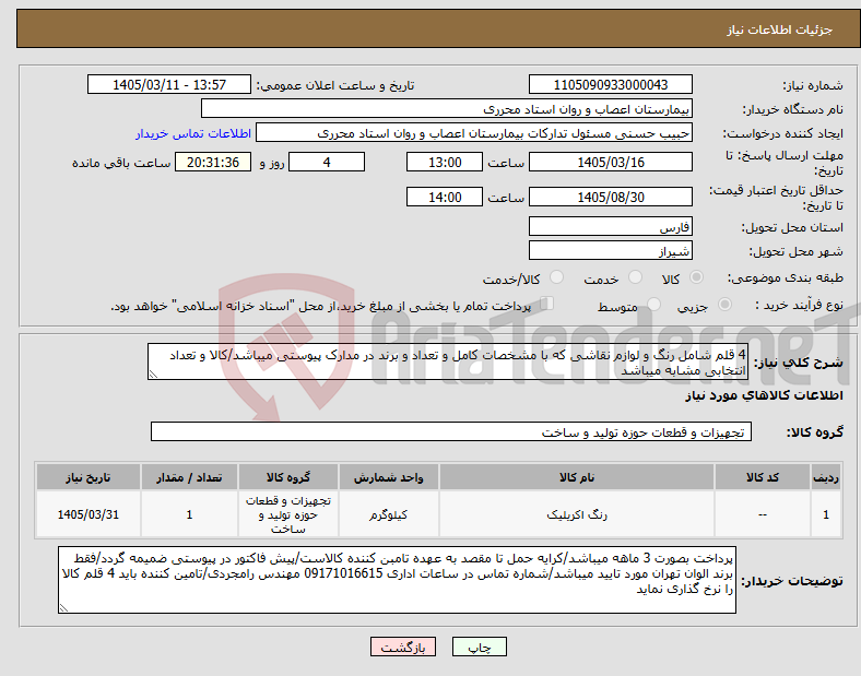تصویر کوچک آگهی نیاز کالا-4 قلم شامل رنگ و لوازم نقاشی که با مشخصات کامل و تعداد و برند در مدارک پیوستی میباشد/کالا و تعداد انتخابی مشابه میباشد