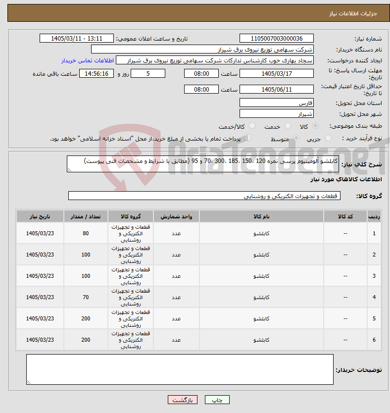 تصویر کوچک آگهی نیاز کالا-کابلشو آلومینیوم پرسی نمره 120 ،150 ،185 ،300 ،70 و 95 (مطابق با شرایط و مشخصات فنی پیوست)