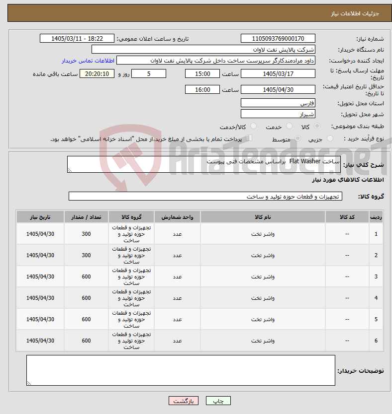 تصویر کوچک آگهی نیاز کالا-ساخت Flat Washer براساس مشخصات فنی پیوست