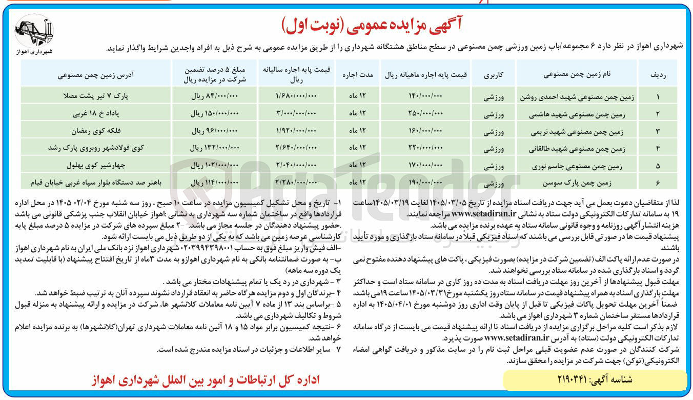 تصویر کوچک آگهی واگذاری ۶ مجموعه / باب زمین ورزشی چمن مصنوعی