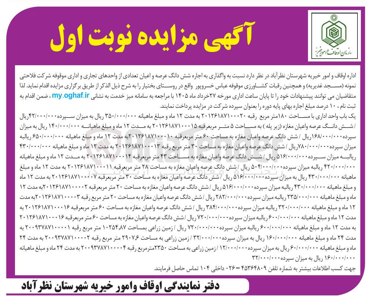 تصویر کوچک آگهی اجاره شش دانگ عرصه و اعیان تعدادی از واحدهای تجاری و اداری