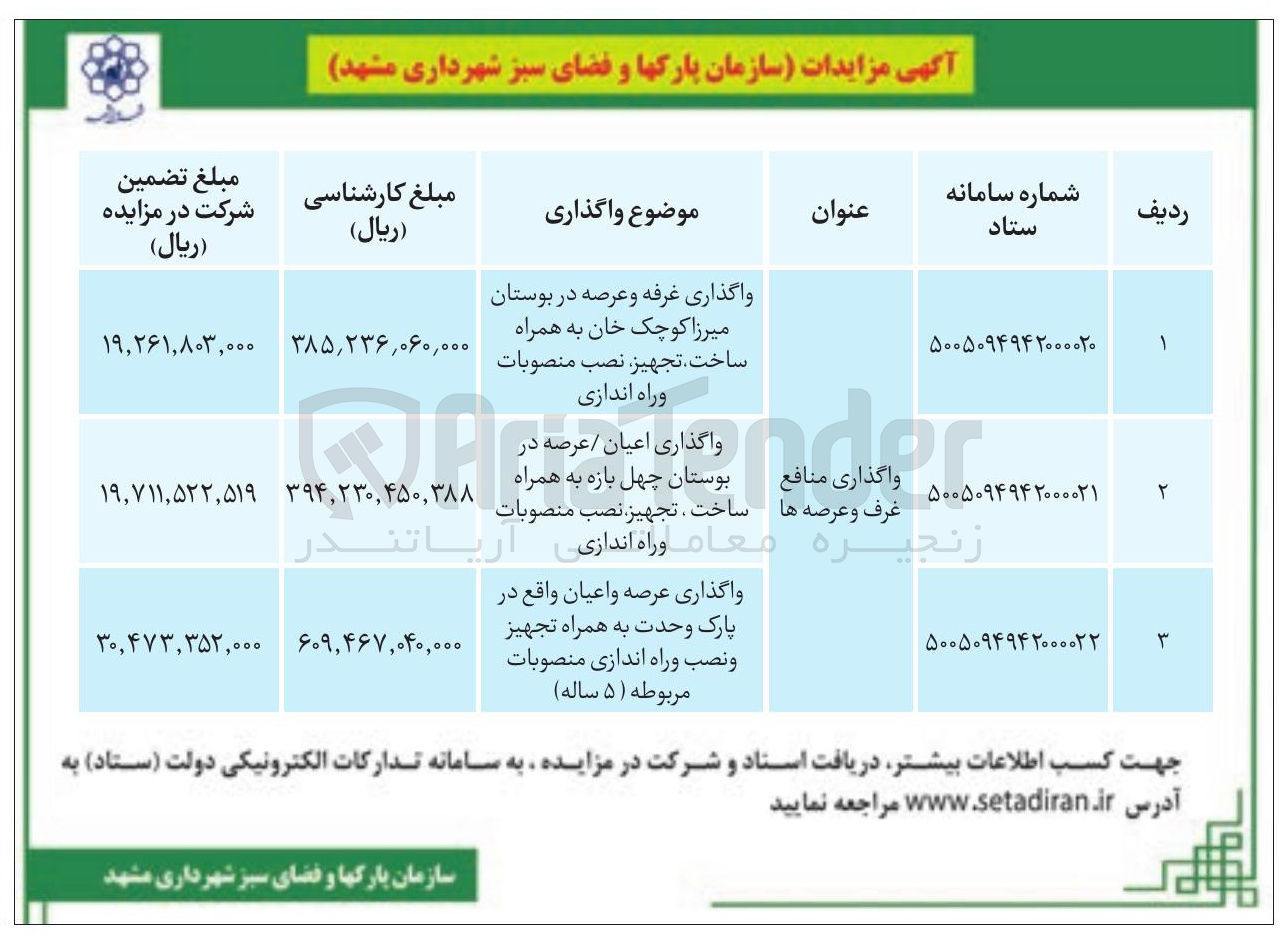 تصویر کوچک آگهی واگذاری عرصه و اعیان به همراه تجهیز و نصب و راه اندازی منصوبات مربوطه
