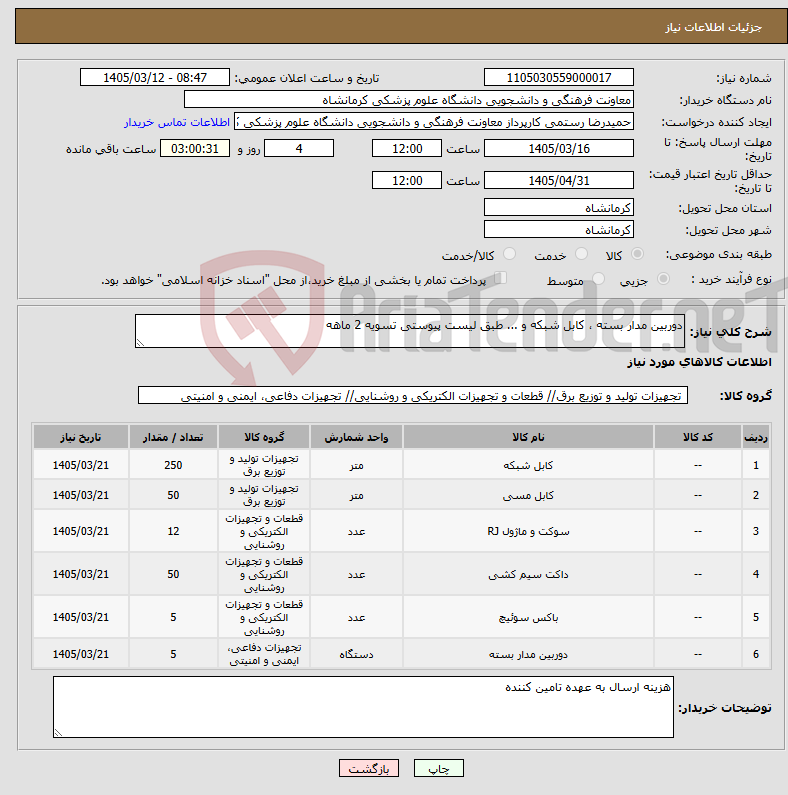 تصویر کوچک آگهی نیاز کالا-دوربین مدار بسته ، کابل شبکه و ... طبق لیست پیوستی تسویه 2 ماهه