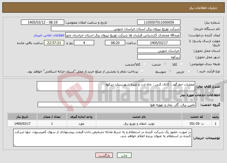 تصویر کوچک آگهی نیاز خدمات-عملیات حفرگود ، کانال کنی ، چاه ارت و غیره شهرستان زیرکوه