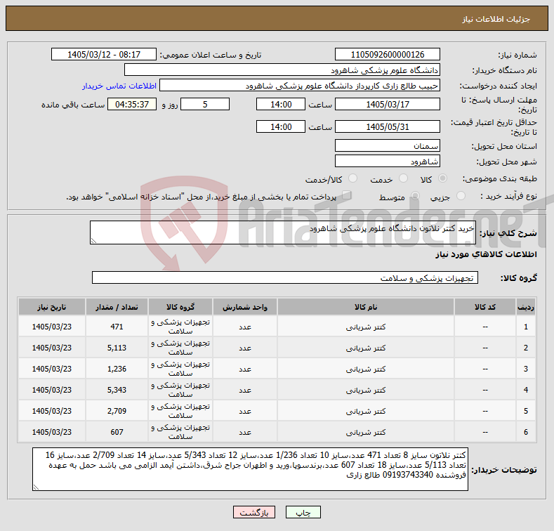 تصویر کوچک آگهی نیاز کالا-خرید کتتر نلاتون دانشگاه علوم پزشکی شاهرود